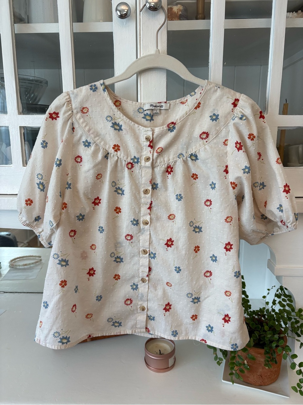 Madewell Cream Floral Button-Front Puff Sleeve Blouse - Picture 7 of 7